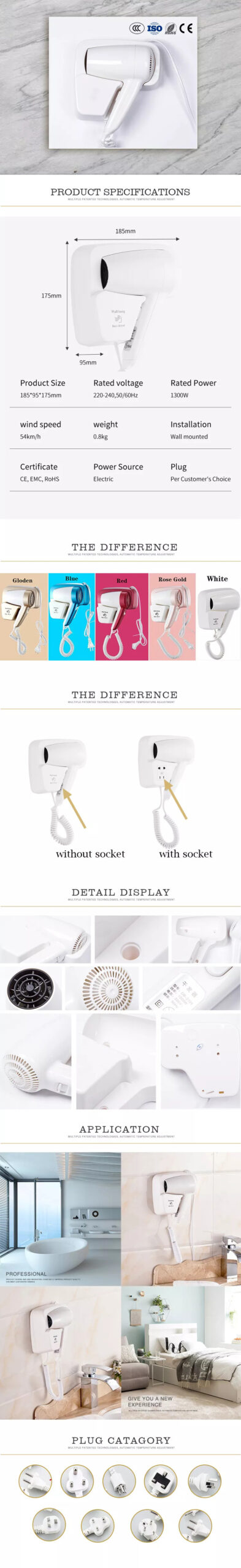 1-22062G6301J18 (1) HD-01B Hotel Wall Mounted Hair Dryer